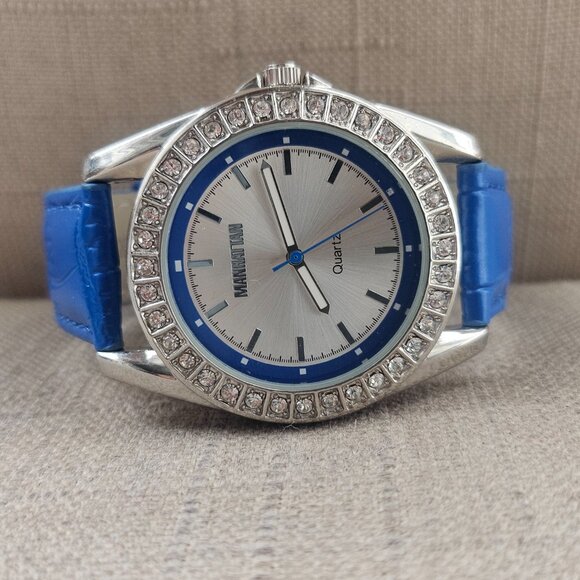 Manhattan by Croton Women Watch Crystal Accent Blue Leather Band Wrist Watch - Picture 4 of 11